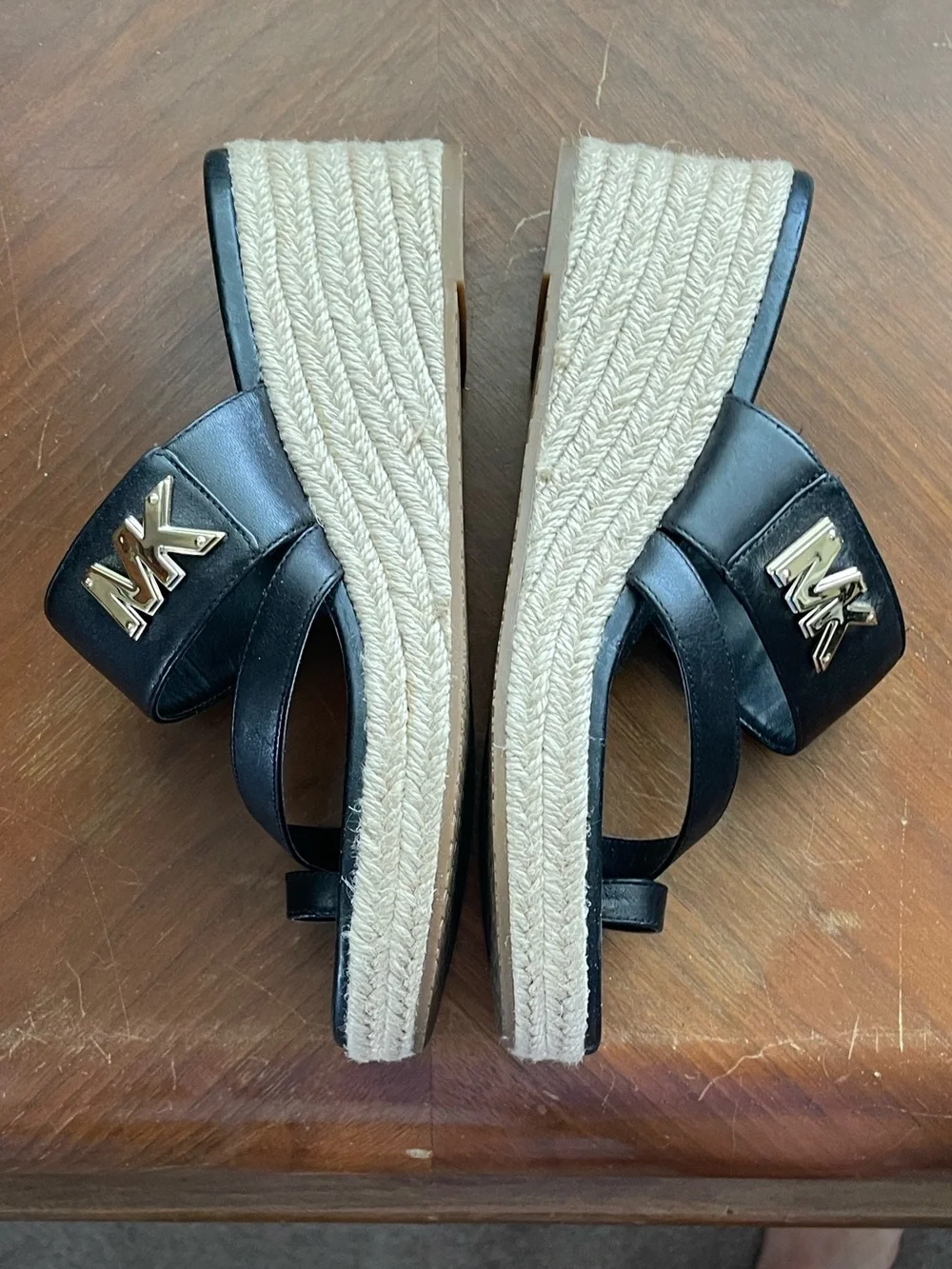 Michael Kors Black Leather Espadrille Wedge Sandals with Gold MK Accent